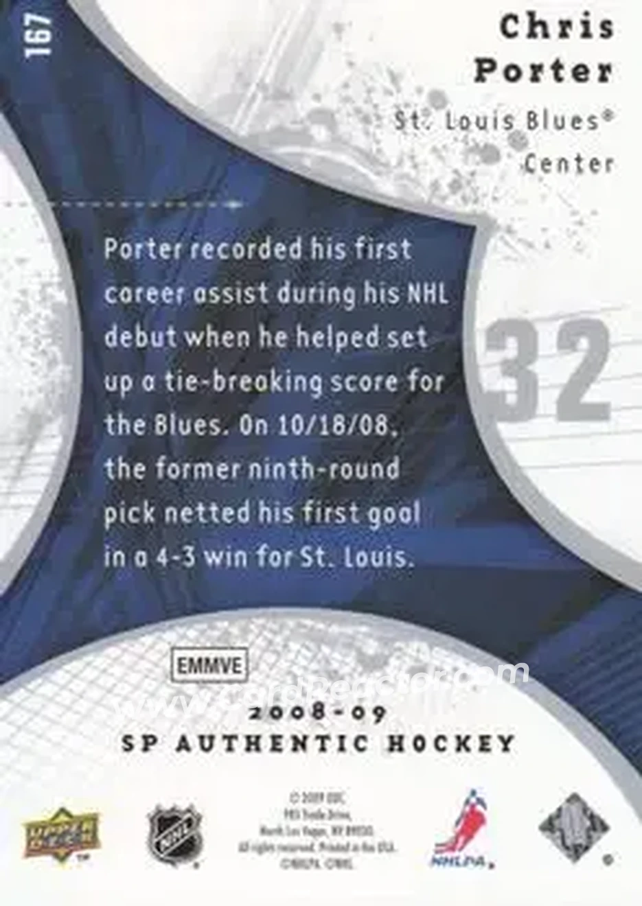 2008-09 SP Authentic #167 - Chris Porter - St. Louis Blues - Back