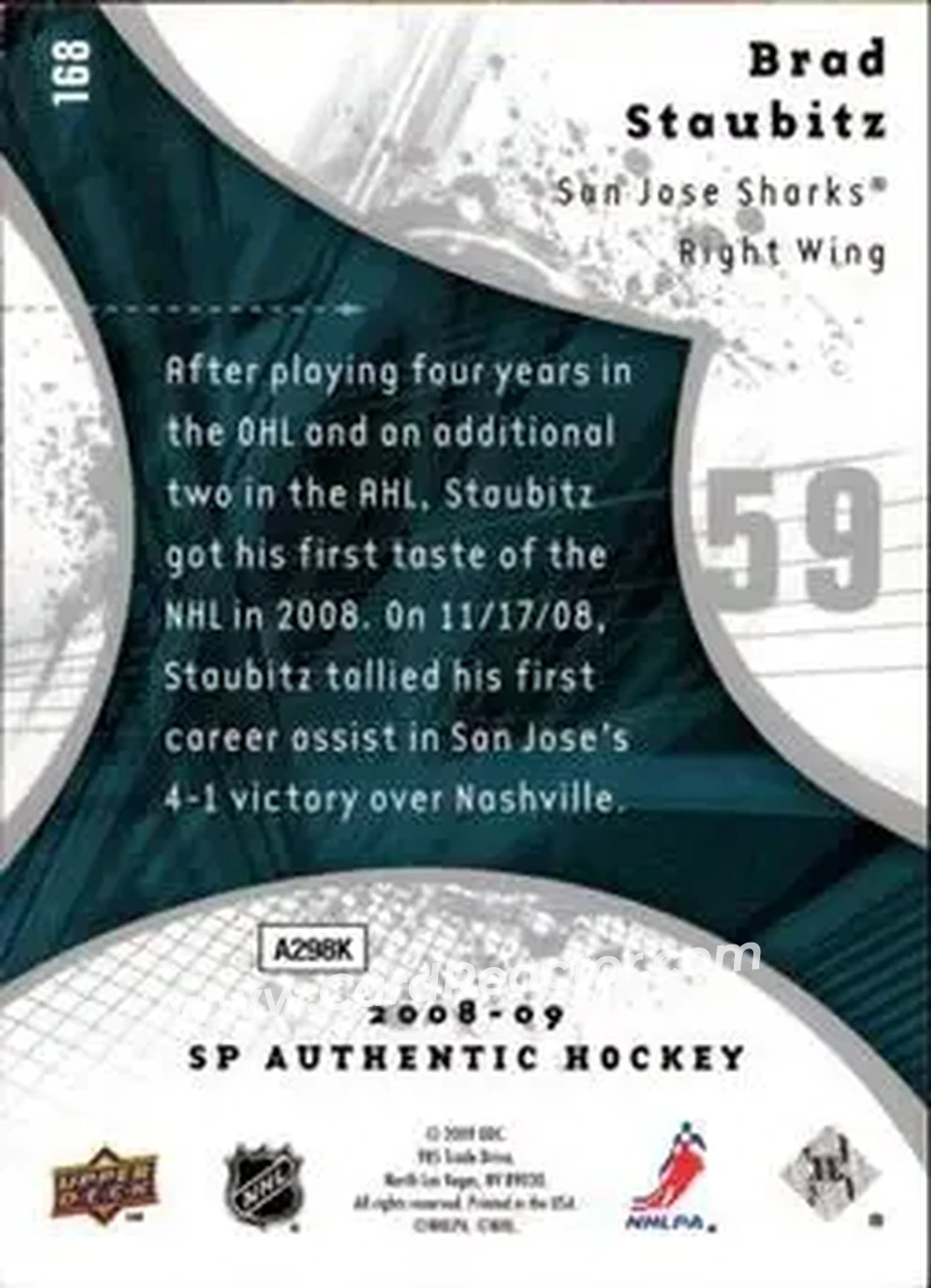 2008-09 SP Authentic #168 - Brad Staubitz - San Jose Sharks - Back