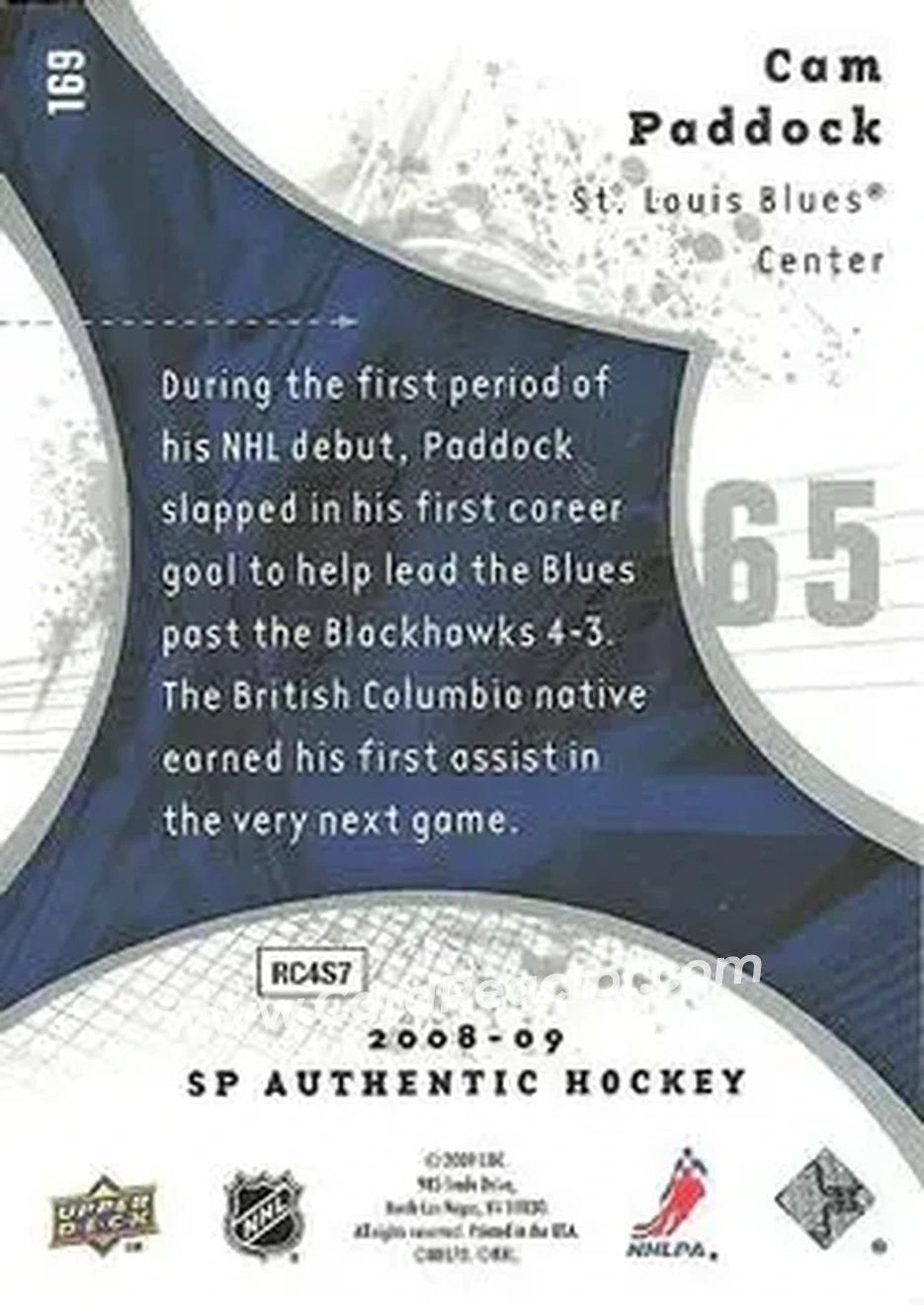 2008-09 SP Authentic #169 - Cam Paddock - St. Louis Blues - Back 2008-09 SP Authentic #169 - Cam Paddock - St. Louis Blues - Back