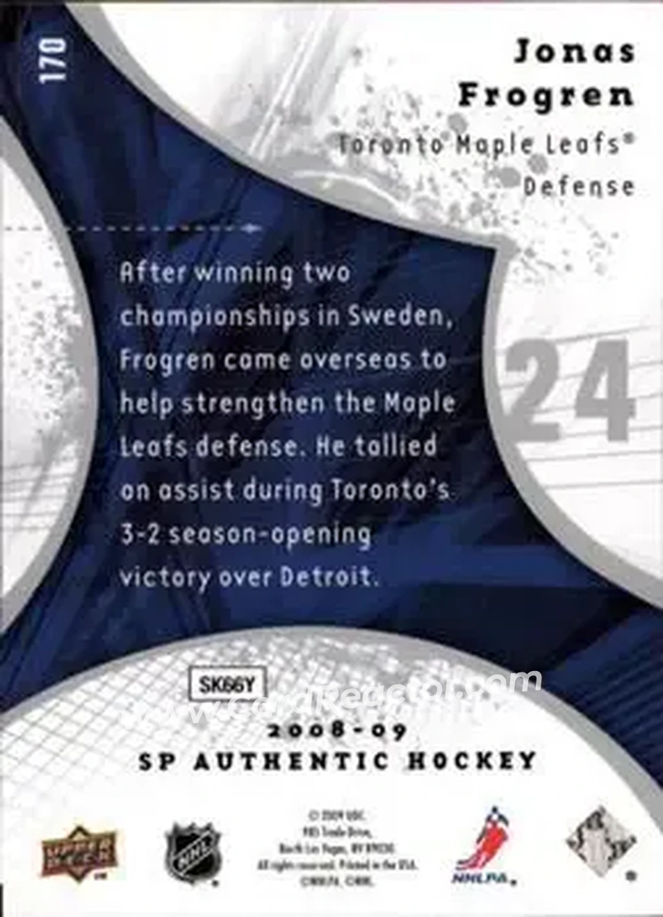 2008-09 SP Authentic #170 - Jonas Frogren - Toronto Maple Leafs - Back