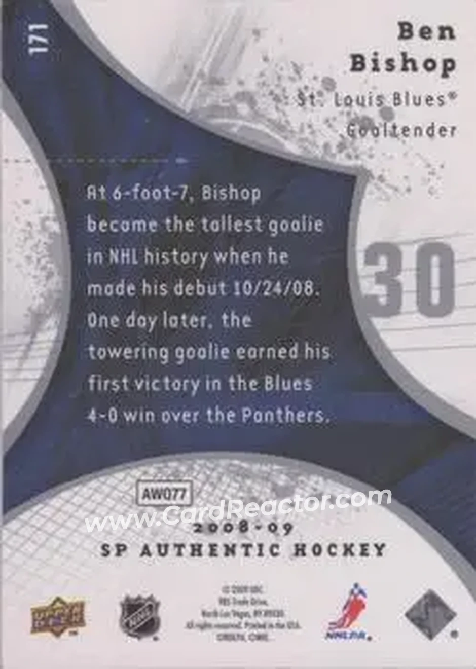 2008-09 SP Authentic #171 - Ben Bishop - St. Louis Blues - Back