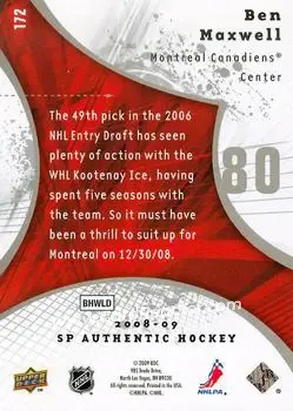 2008-09 SP Authentic #172 - Ben Maxwell - Montreal Canadiens - Back 2008-09 SP Authentic #172 - Ben Maxwell - Montreal Canadiens - Back