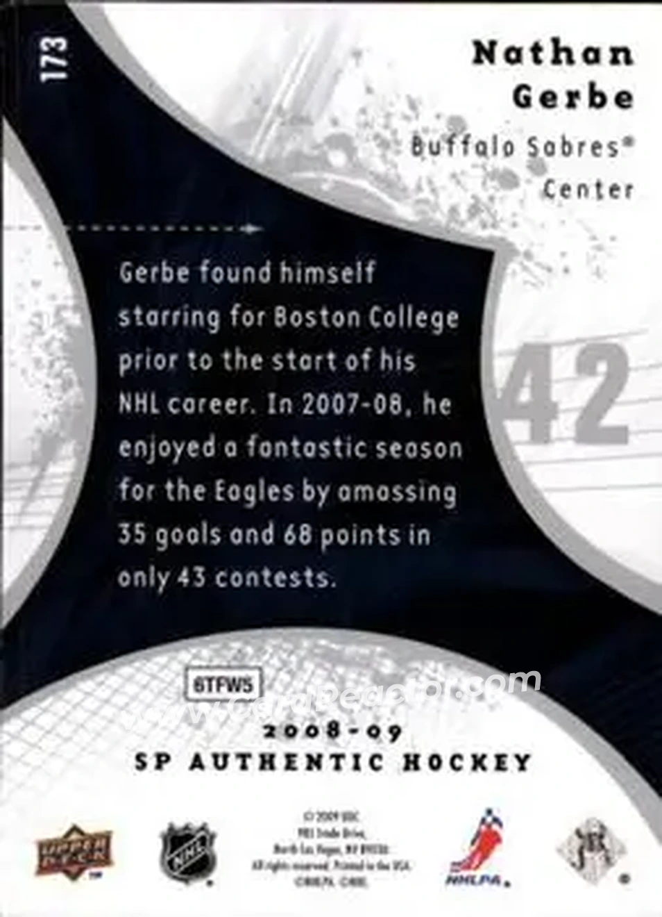 2008-09 SP Authentic #173 - Nathan Gerbe - Buffalo Sabres - Back 2008-09 SP Authentic #173 - Nathan Gerbe - Buffalo Sabres - Back