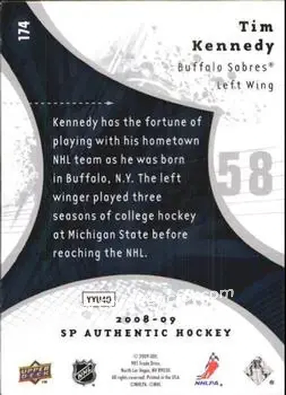 2008-09 SP Authentic #174 - Tim Kennedy - Buffalo Sabres - Back