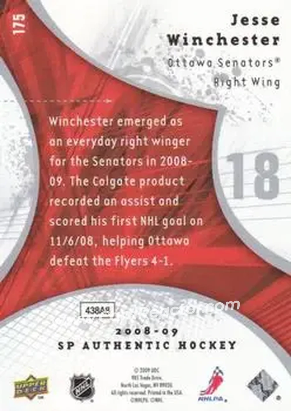 2008-09 SP Authentic #175 - Jesse Winchester - Ottawa Senators - Back