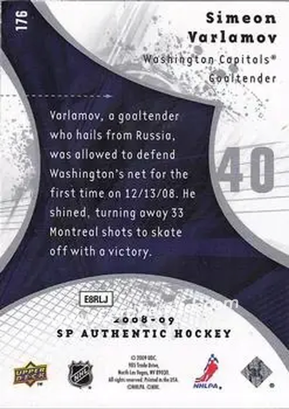 2008-09 SP Authentic #176 - Semyon Varlamov - Washington Capitals - Back 2008-09 SP Authentic #176 - Semyon Varlamov - Washington Capitals - Back