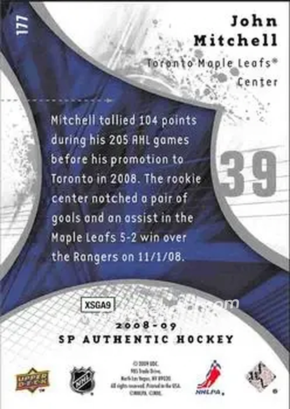 2008-09 SP Authentic #177 - John Mitchell - Toronto Maple Leafs - Back
