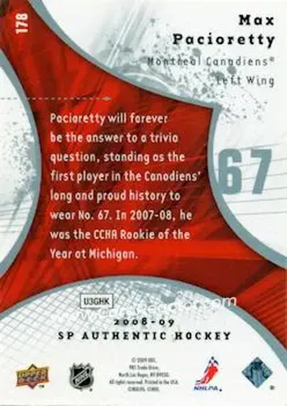2008-09 SP Authentic #178 - Max Pacioretty - Montreal Canadiens - Back 2008-09 SP Authentic #178 - Max Pacioretty - Montreal Canadiens - Back