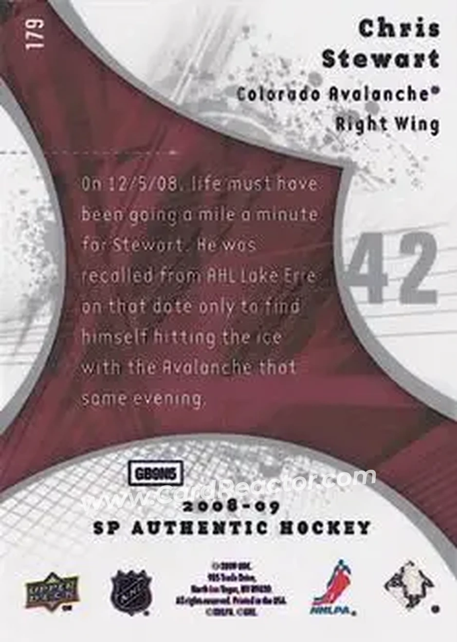 2008-09 SP Authentic #179 - Chris Stewart - Colorado Avalanche - Back