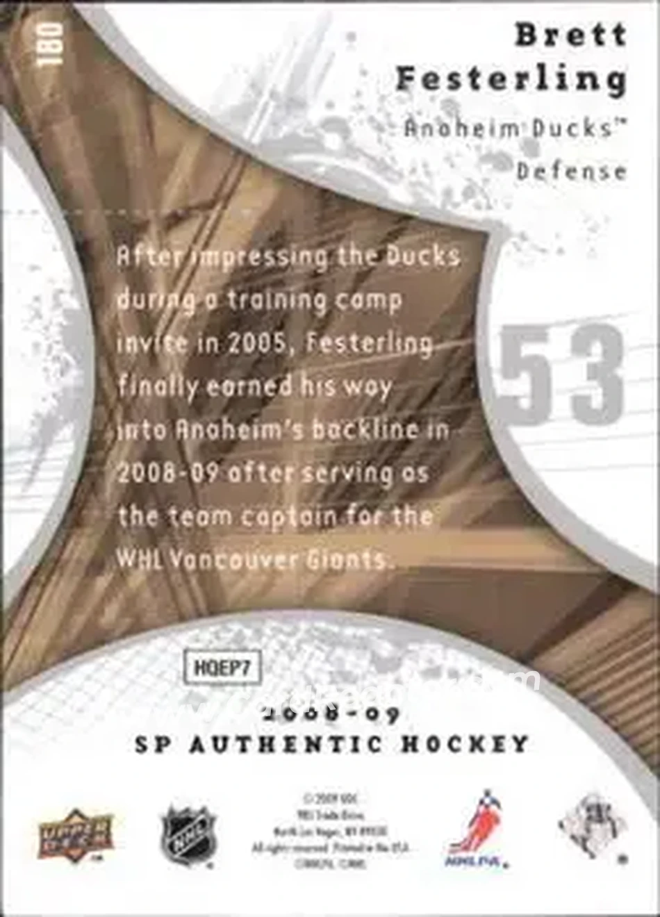 2008-09 SP Authentic #180 - Brett Festerling - Anaheim Ducks - Back 2008-09 SP Authentic #180 - Brett Festerling - Anaheim Ducks - Back