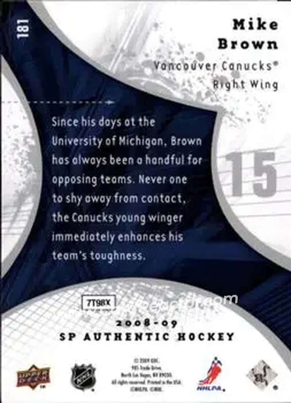 2008-09 SP Authentic #181 - Mike Brown - Vancouver Canucks - Back