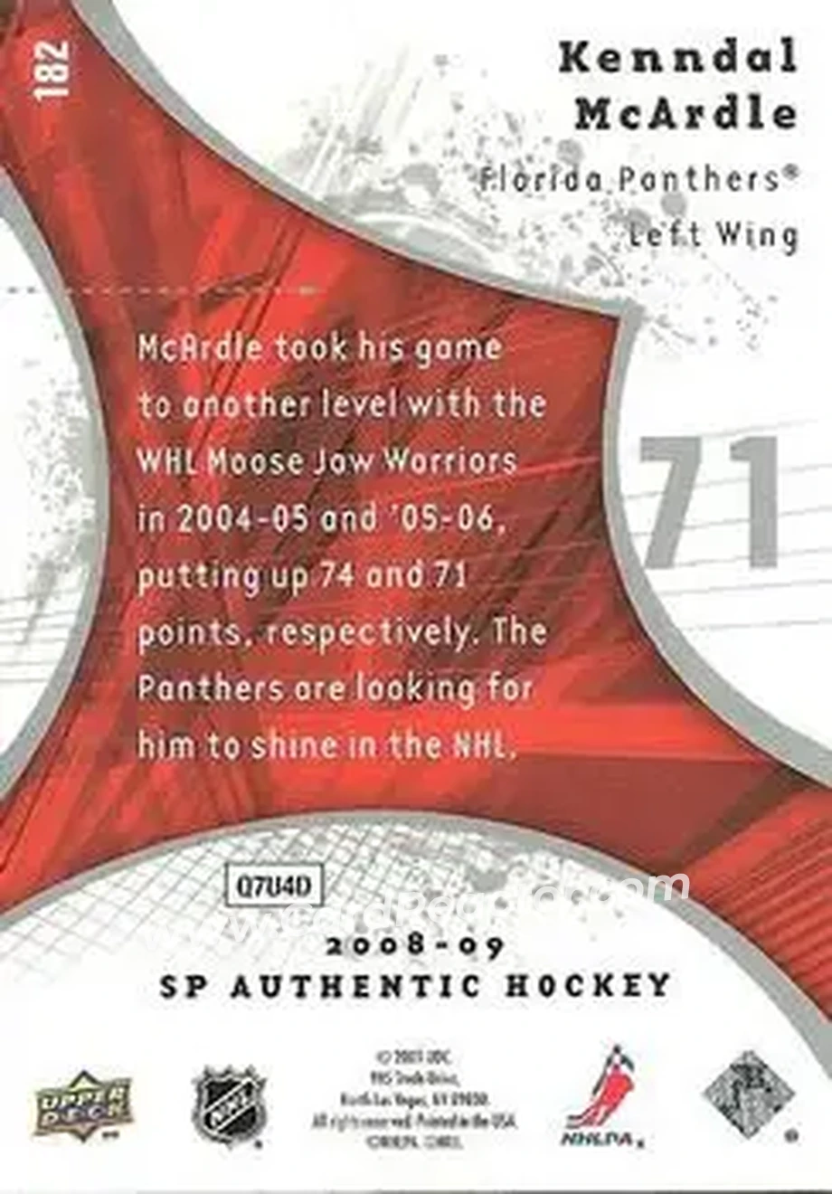 2008-09 SP Authentic #182 - Kenndal McArdle - Florida Panthers - Back