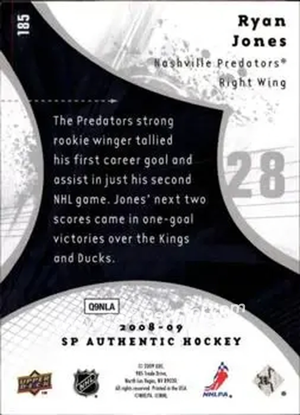 2008-09 SP Authentic #185 - Ryan Jones - Nashville Predators - Back