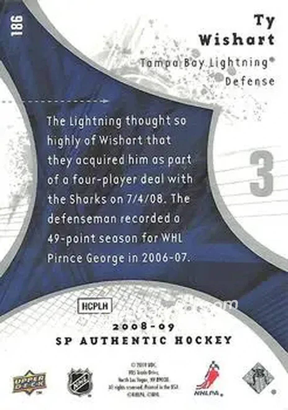 2008-09 SP Authentic #186 - Ty Wishart - Tampa Bay Lightning - Back 2008-09 SP Authentic #186 - Ty Wishart - Tampa Bay Lightning - Back