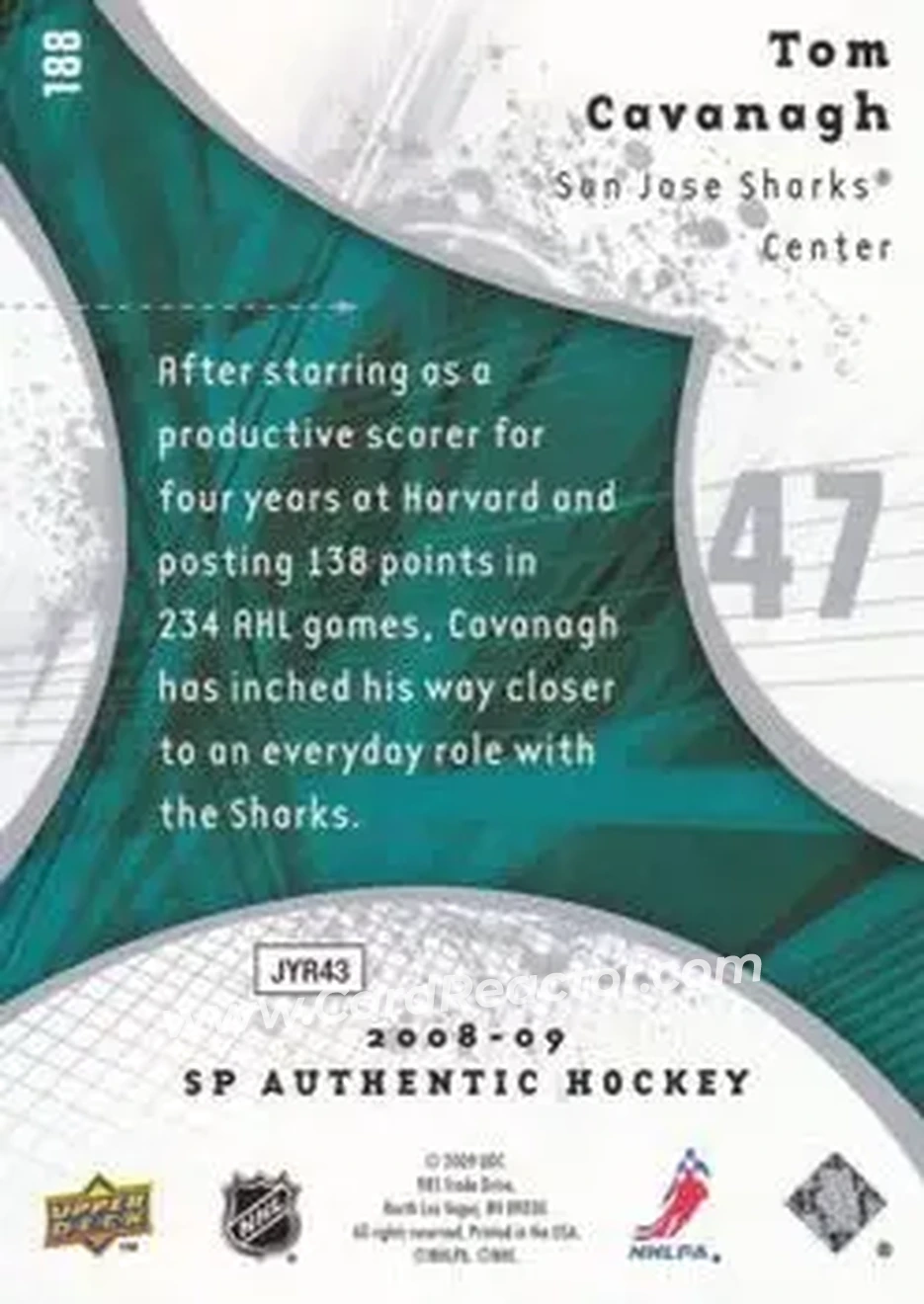 2008-09 SP Authentic #188 - Tom Cavanagh - San Jose Sharks - Back 2008-09 SP Authentic #188 - Tom Cavanagh - San Jose Sharks - Back