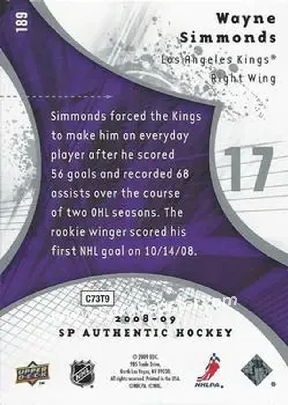 2008-09 SP Authentic #189 - Wayne Simmonds - Los Angeles Kings - Back