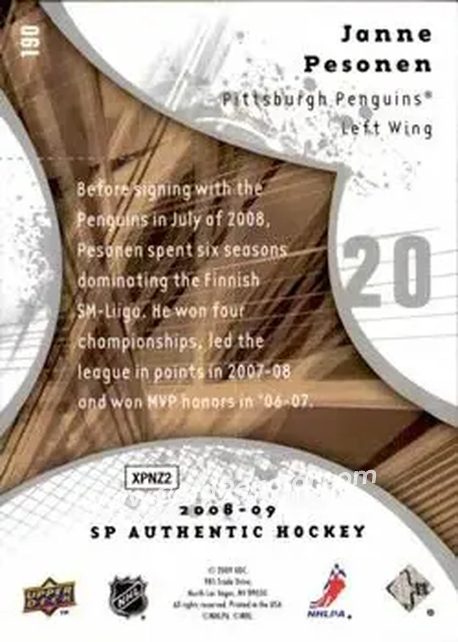 2008-09 SP Authentic #190 - Janne Pesonen - Pittsburgh Penguins - Back 2008-09 SP Authentic #190 - Janne Pesonen - Pittsburgh Penguins - Back