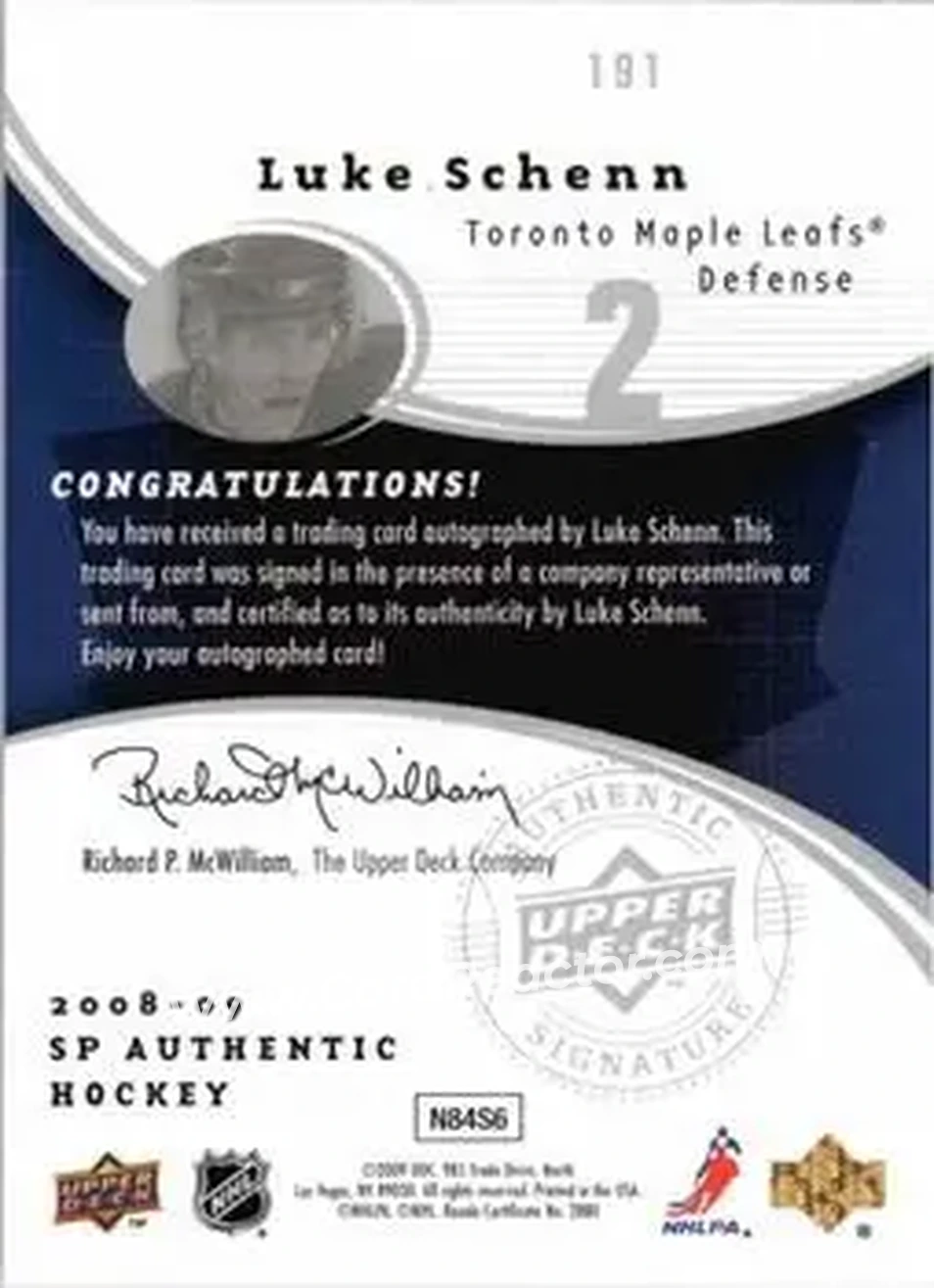 2008-09 SP Authentic #191 - Luke Schenn - Toronto Maple Leafs - Back