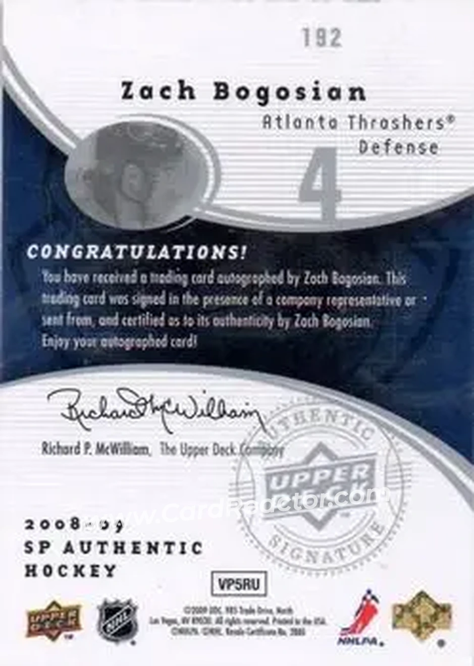 2008-09 SP Authentic #192 - Zach Bogosian - Atlanta Thrashers - Back 2008-09 SP Authentic #192 - Zach Bogosian - Atlanta Thrashers - Back