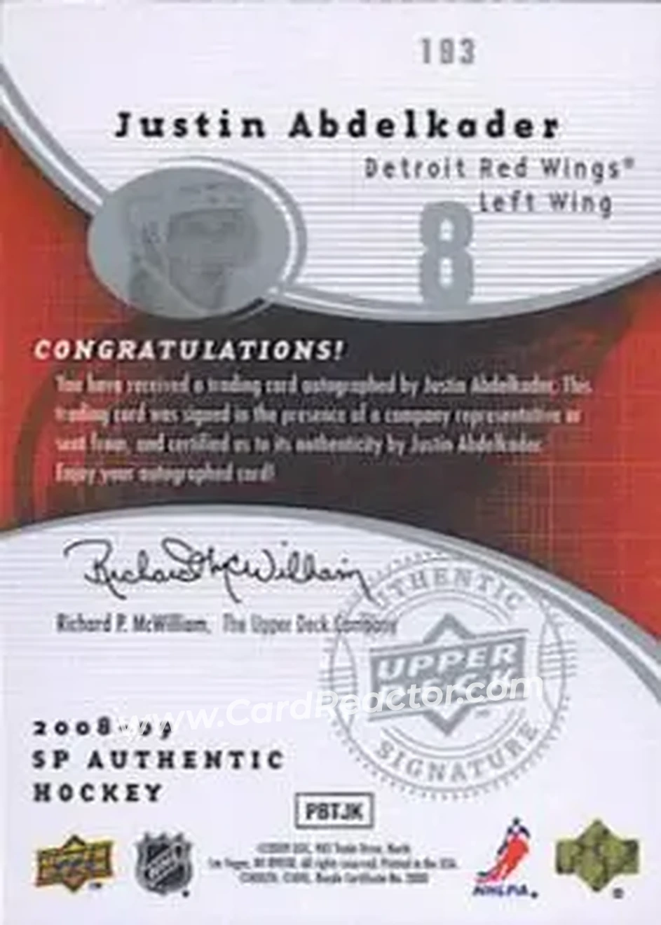 2008-09 SP Authentic #193 - Justin Abdelkader - Detroit Red Wings - Back