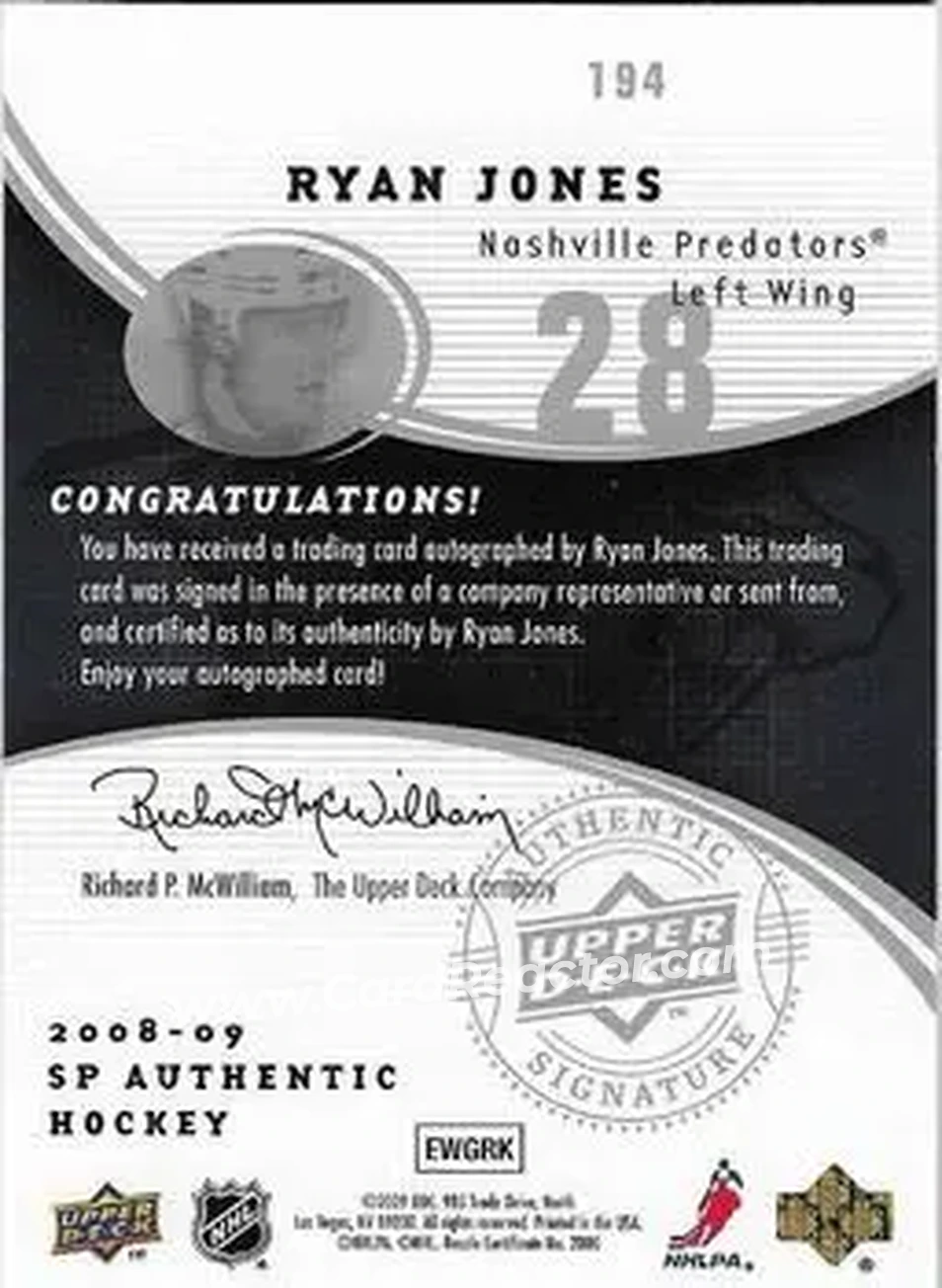 2008-09 SP Authentic #194 - Ryan Jones - Nashville Predators - Back