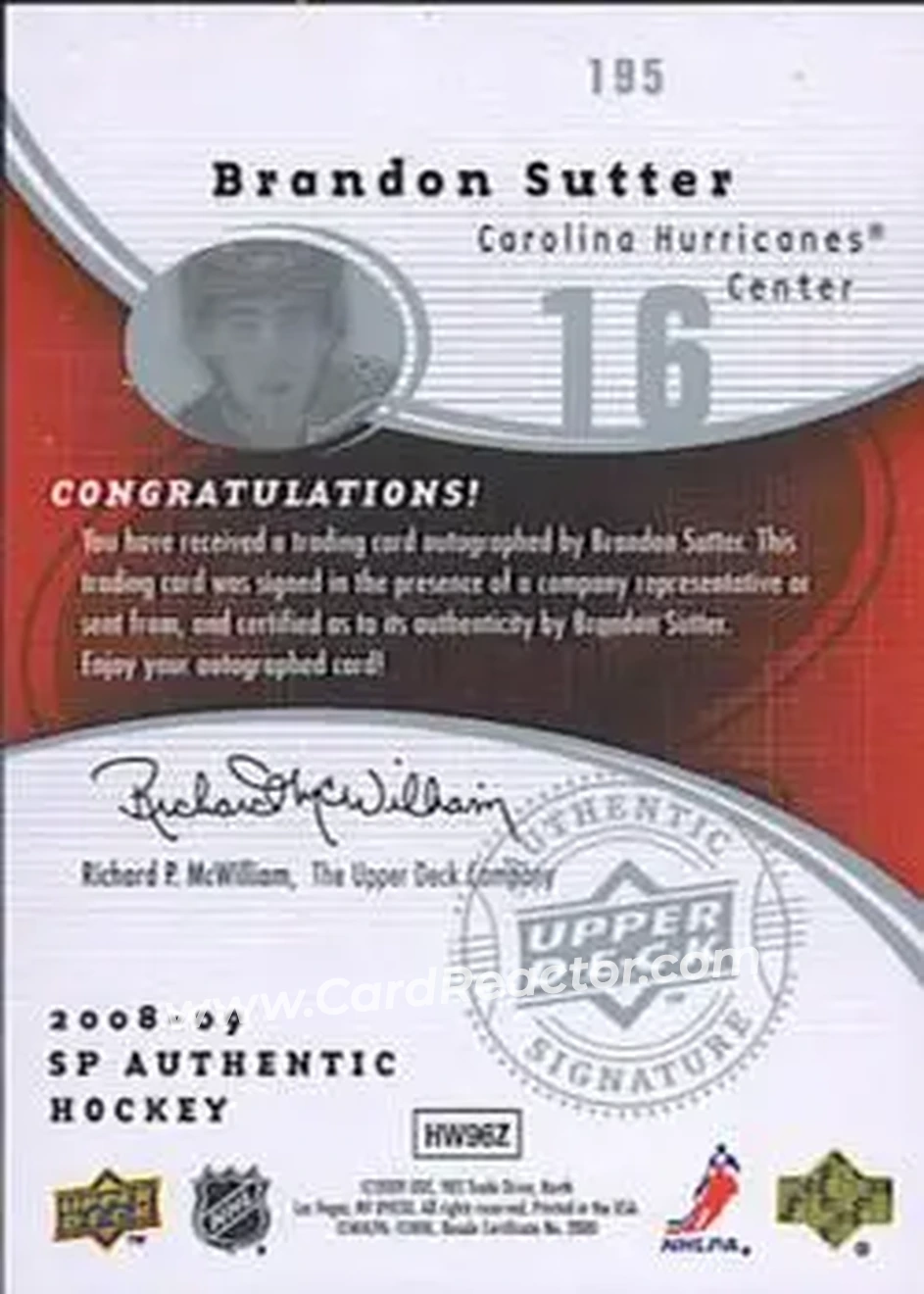 2008-09 SP Authentic #195 - Brandon Sutter - Carolina Hurricanes - Back