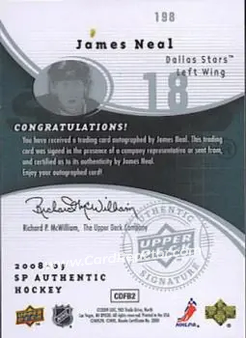 2008-09 SP Authentic #198 - James Neal - Dallas Stars - Back