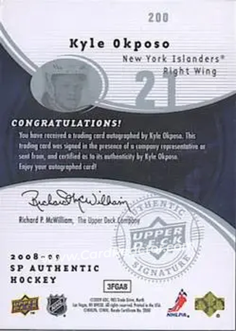 2008-09 SP Authentic #200 - Kyle Okposo - New York Islanders - Back