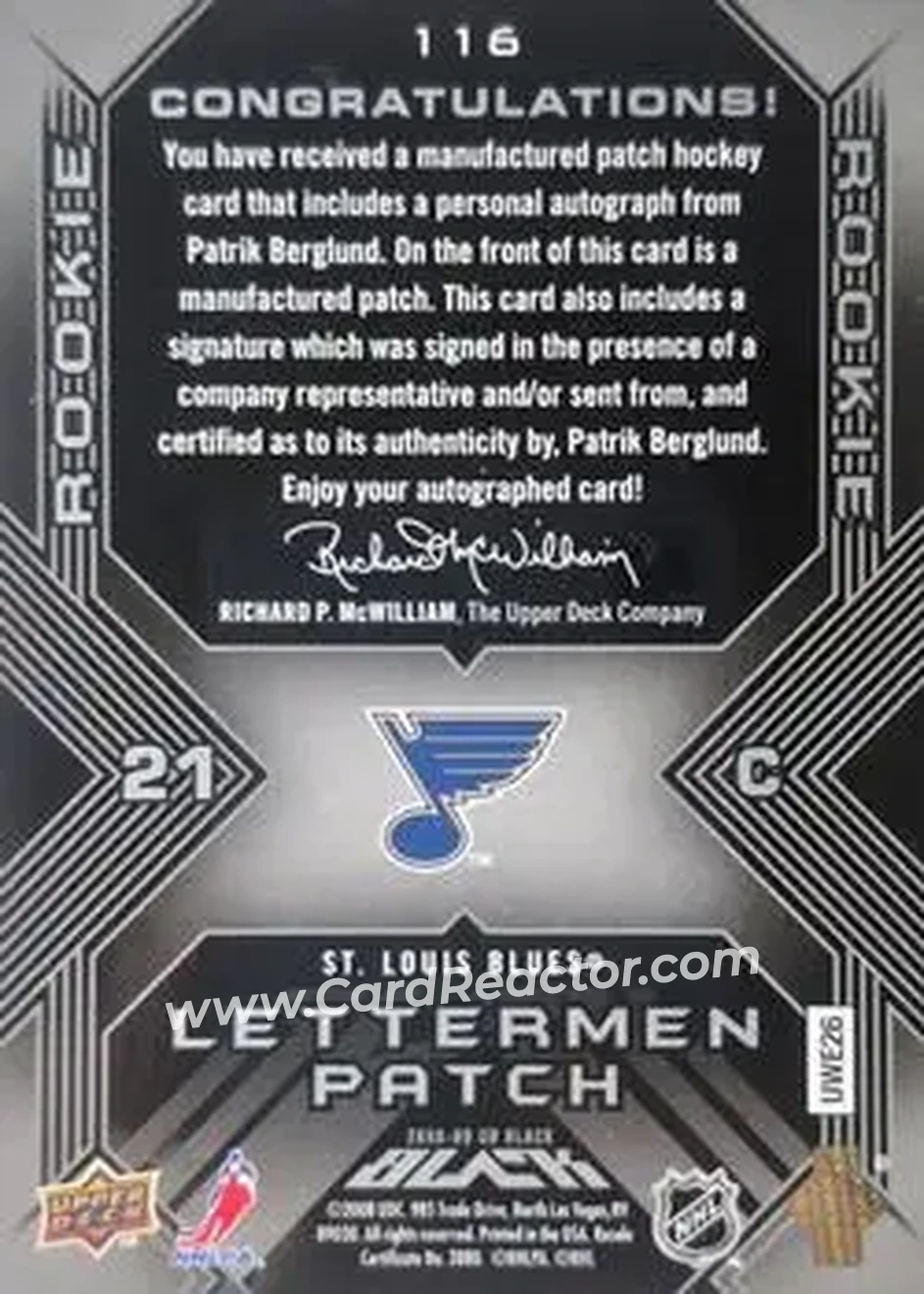 2008-09 UD Black #116 - Patrik Berglund - St. Louis Blues - Back 2008-09 UD Black #116 - Patrik Berglund - St. Louis Blues - Back