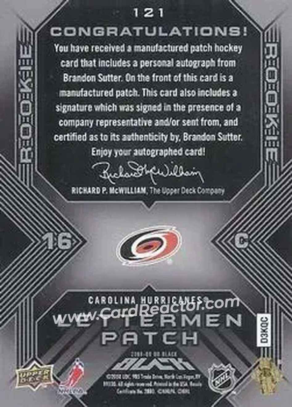 2008-09 UD Black #121 - Brandon Sutter - Carolina Hurricanes - Back 2008-09 UD Black #121 - Brandon Sutter - Carolina Hurricanes - Back