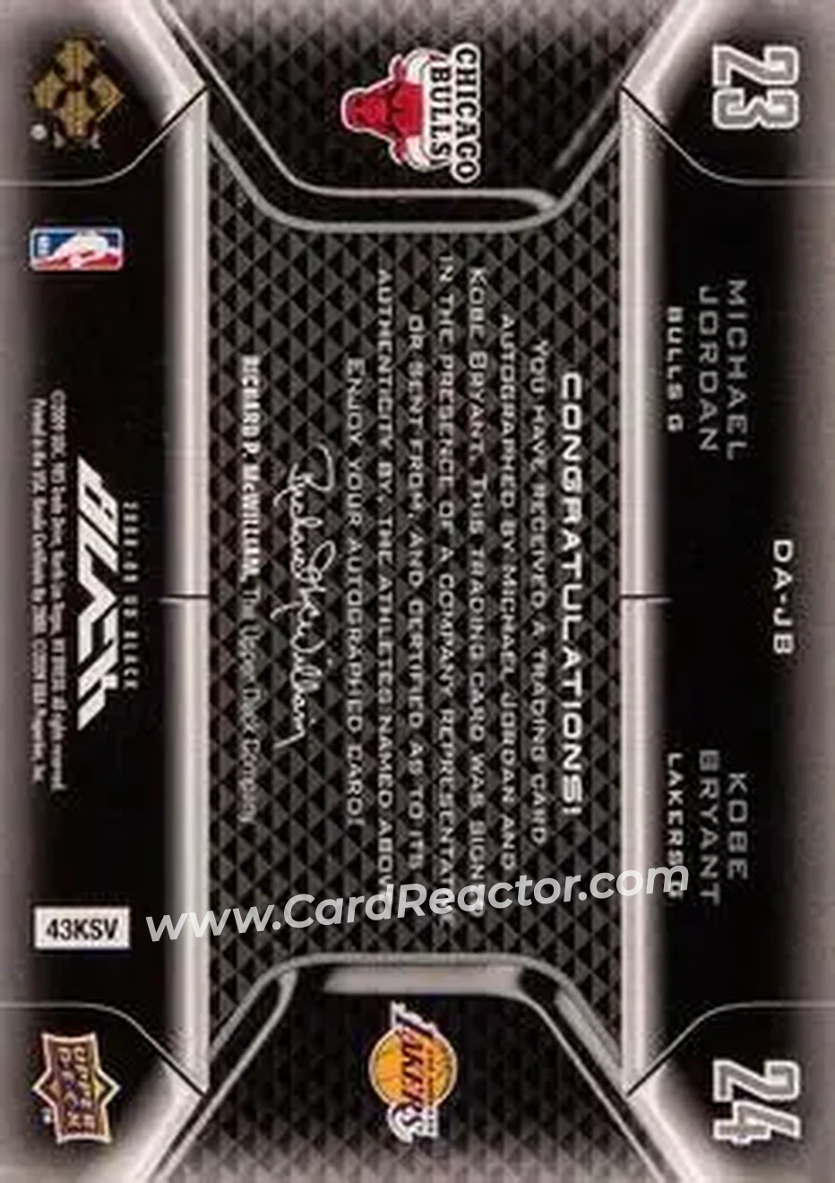 2008-09 UD Black - Dual Autographs #DA-JB - Kobe Bryant - Michael Jordan AU, SN15 - Los Angeles Lakers - Chicago Bulls - Back