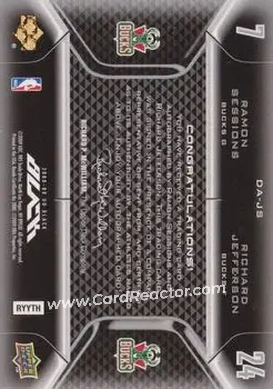 2008-09 UD Black - Dual Autographs #DA-JS - Richard Jefferson - Ramon Sessions AU, SN15 - Milwaukee Bucks - Milwaukee Bucks - Back