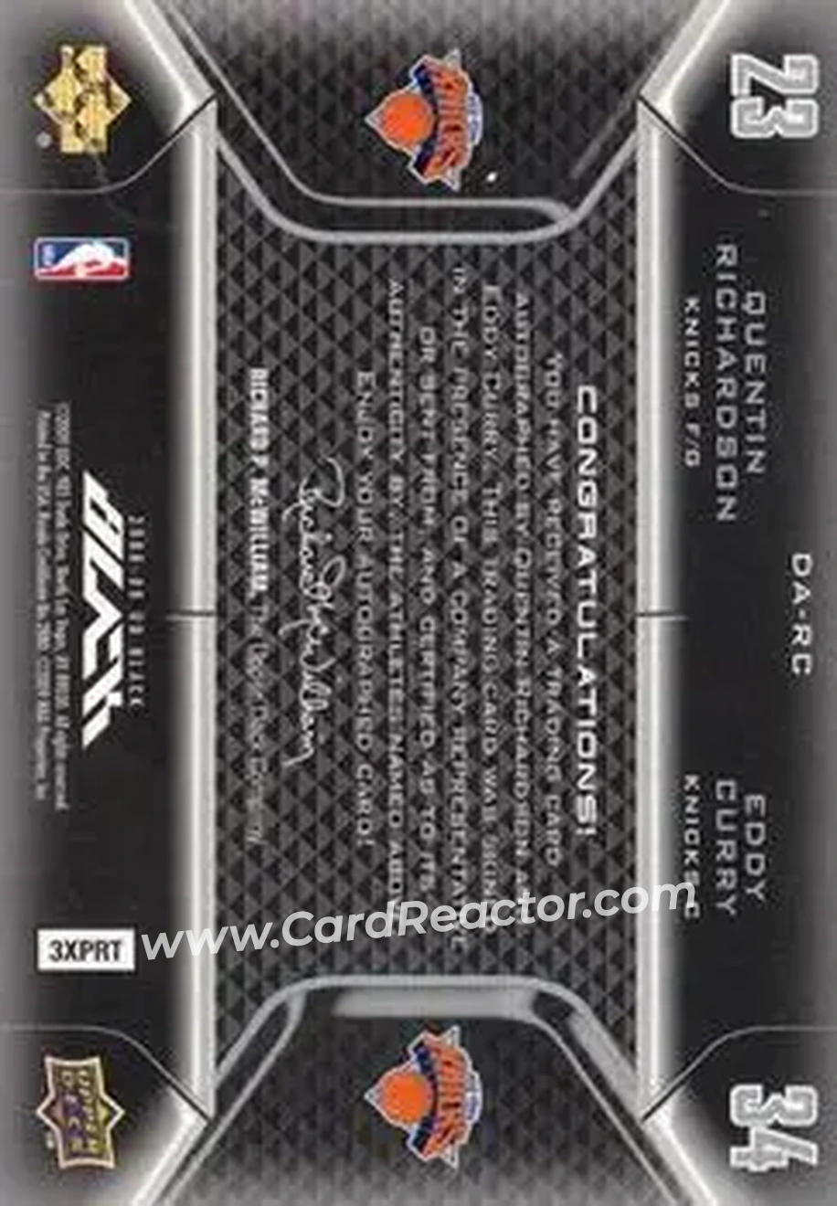 2008-09 UD Black - Dual Autographs #DA-RC - Quentin Richardson - Eddy Curry AU, SN15 - New York Knicks - New York Knicks - Back