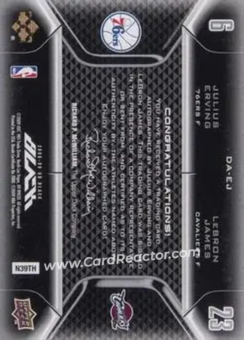 2008-09 UD Black - Dual Autographs White #DA-EJ - Julius Erving - LeBron James AU, SN1 - Philadelphia 76ers - Cleveland Cavaliers - Back 2008-09 UD Black - Dual Autographs White #DA-EJ - Julius Erving - LeBron James AU, SN1 - Philadelphia 76ers - Cleveland Cavaliers - Back
