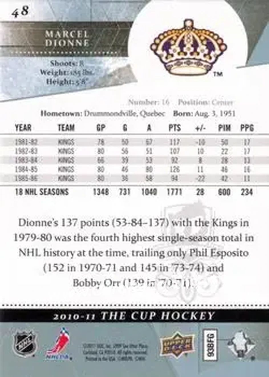 2010-11 Upper Deck The Cup - Gold #48 - Marcel Dionne - Los Angeles Kings - Back