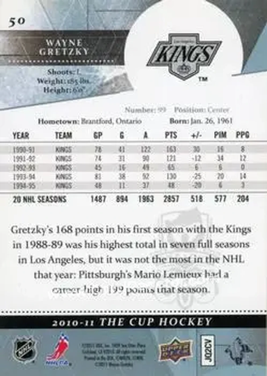 2010-11 Upper Deck The Cup - Gold #50 - Wayne Gretzky - Los Angeles Kings - Back