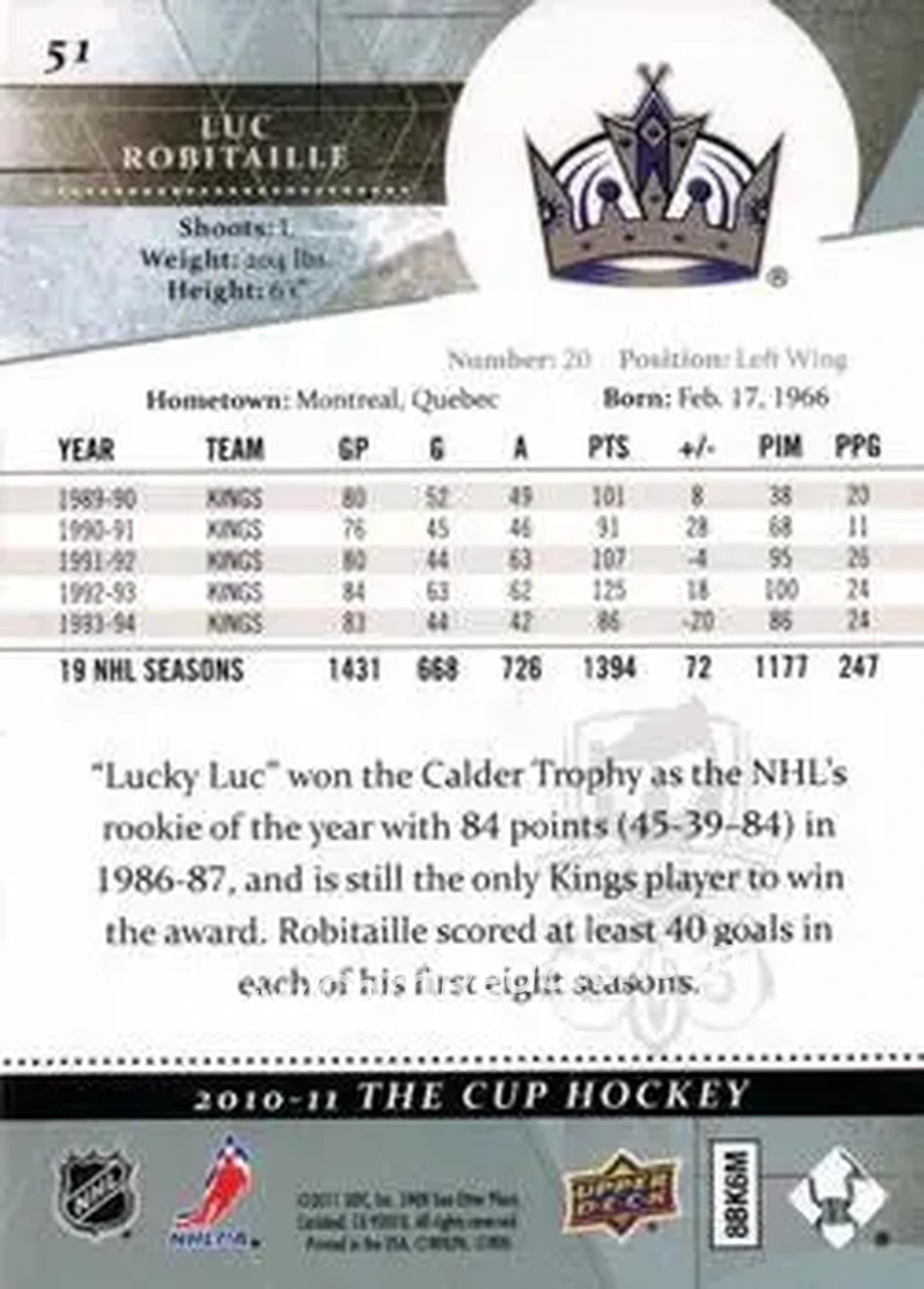 2010-11 Upper Deck The Cup - Gold #51 - Luc Robitaille - Los Angeles Kings - Back 2010-11 Upper Deck The Cup - Gold #51 - Luc Robitaille - Los Angeles Kings - Back