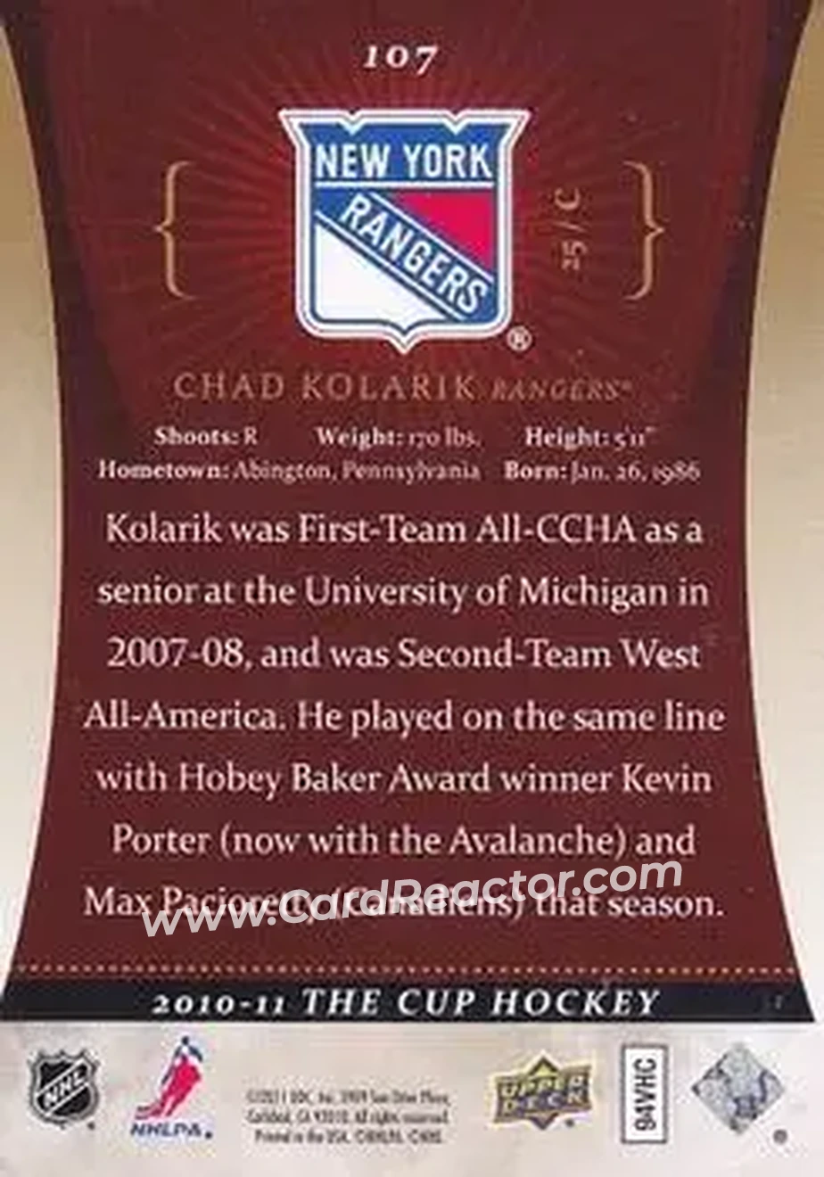2010-11 Upper Deck The Cup - Gold #107 - Chad Kolarik - New York Rangers - Back