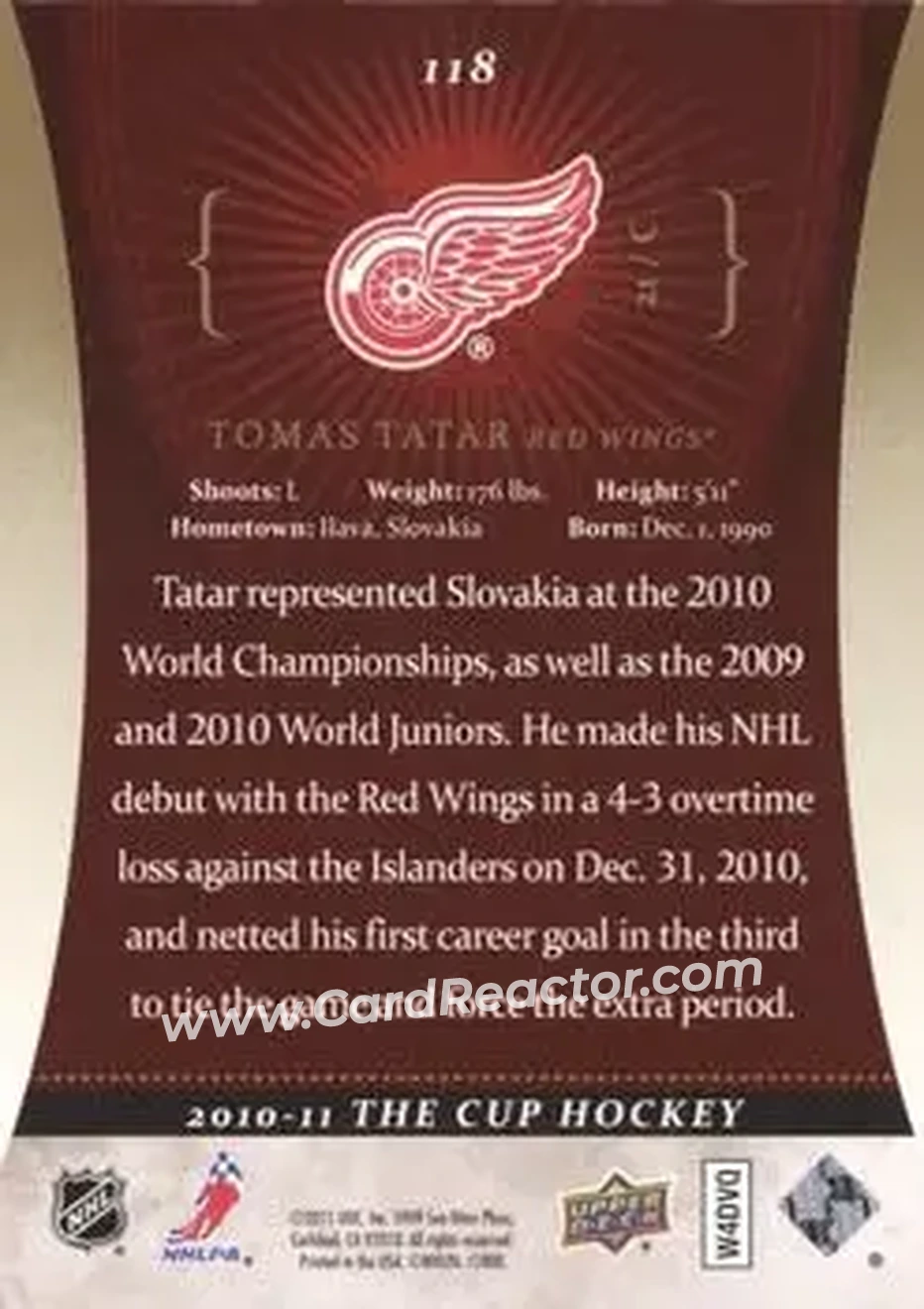2010-11 Upper Deck The Cup - Gold #118 - Tomas Tatar - Detroit Red Wings - Back