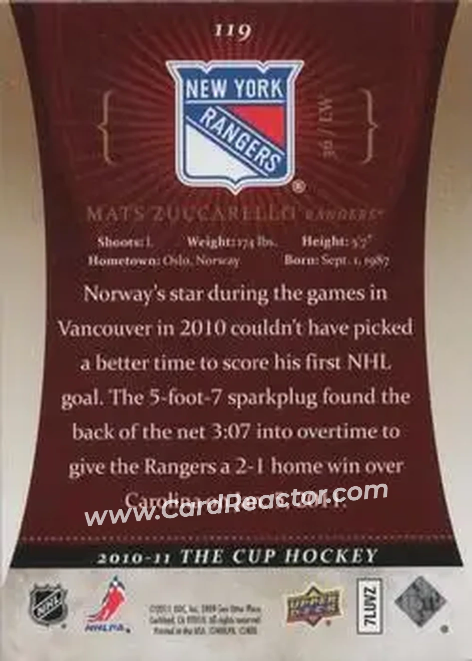 2010-11 Upper Deck The Cup - Gold #119 - Mats Zuccarello - New York Rangers - Back 2010-11 Upper Deck The Cup - Gold #119 - Mats Zuccarello - New York Rangers - Back