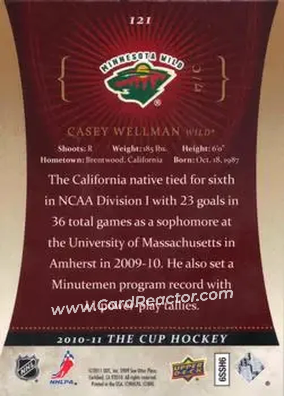 2010-11 Upper Deck The Cup - Gold #121 - Casey Wellman - Minnesota Wild - Back