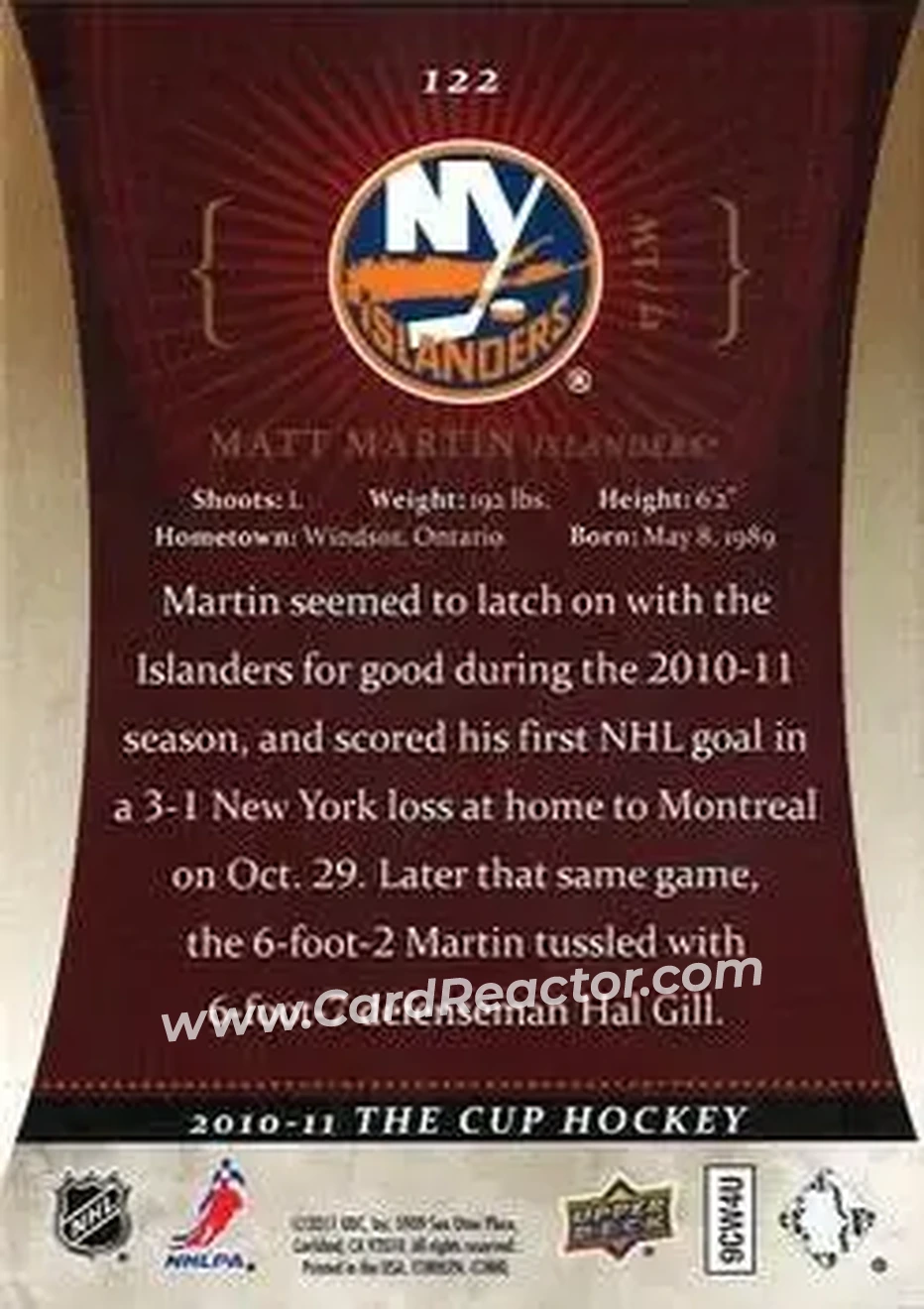 2010-11 Upper Deck The Cup - Gold #122 - Matt Martin - New York Islanders - Back