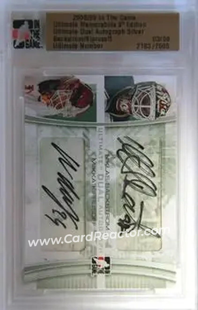 2008-09 In The Game Ultimate Memorabilia - Autographs Duals #NNO - Niklas Backstrom - Miikka Kiprusoff AU, PR9 - Minnesota Wild - Calgary Flames - Back