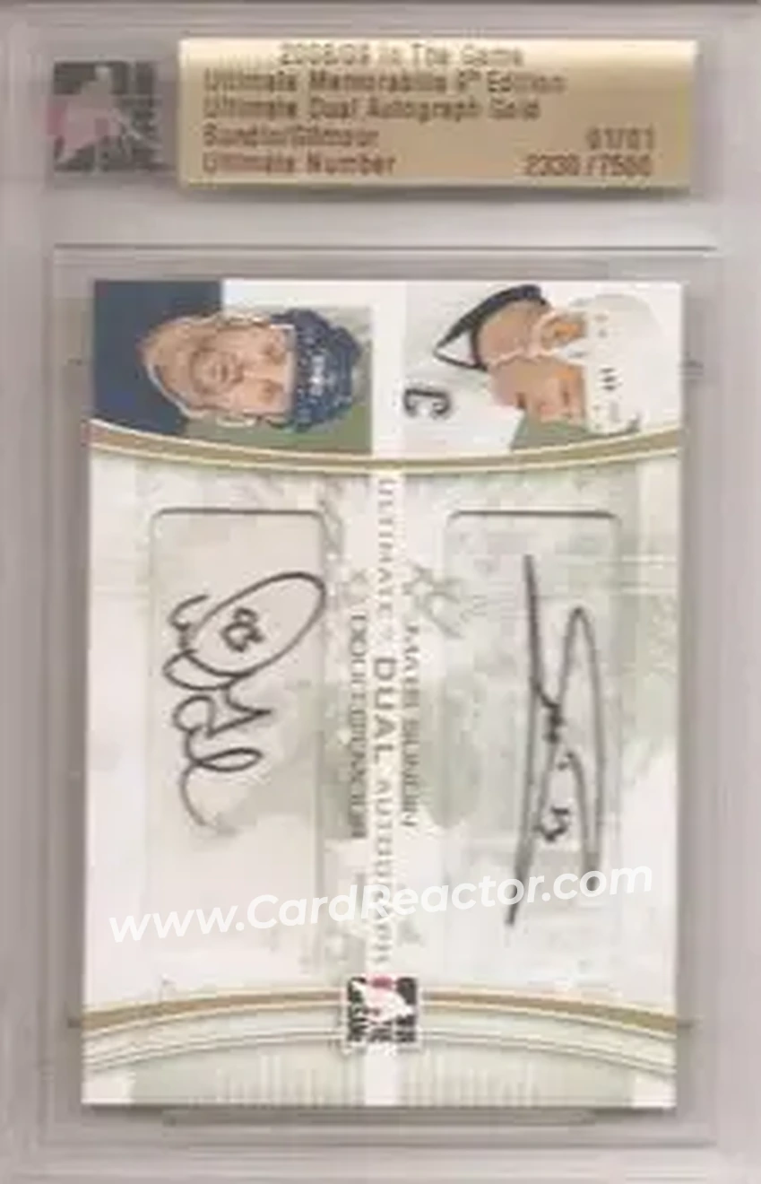 2008-09 In The Game Ultimate Memorabilia - Autographs Duals Gold #23 - Mats Sundin - Doug Gilmour AU, PR1 - Toronto Maple Leafs - Toronto Maple Leafs - Front 2008-09 In The Game Ultimate Memorabilia - Autographs Duals Gold #23 - Mats Sundin - Doug Gilmour AU, PR1 - Toronto Maple Leafs - Toronto Maple Leafs - Front