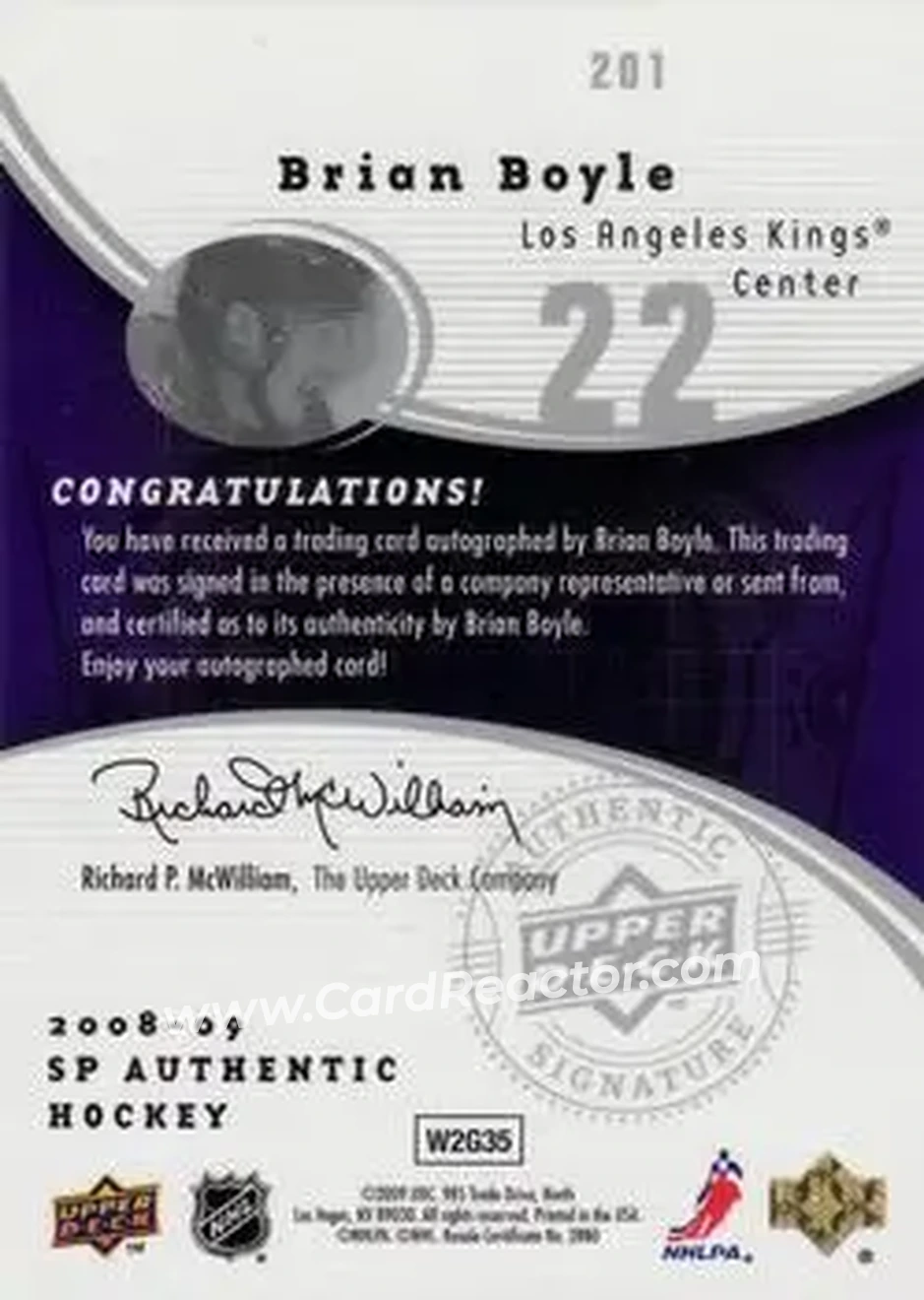 2008-09 SP Authentic #201 - Brian Boyle - Los Angeles Kings - Back