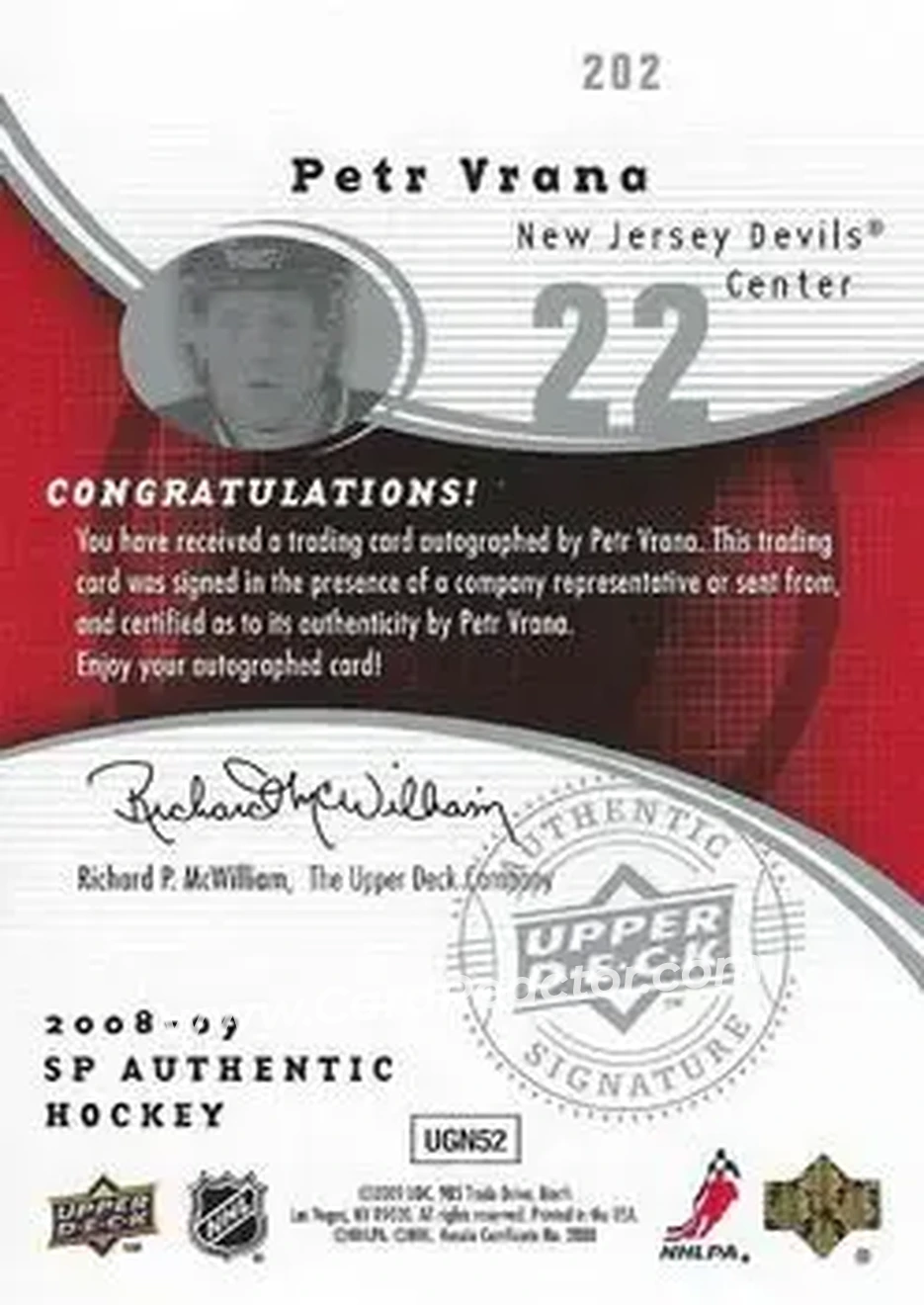 2008-09 SP Authentic #202 - Petr Vrana - New Jersey Devils - Back 2008-09 SP Authentic #202 - Petr Vrana - New Jersey Devils - Back