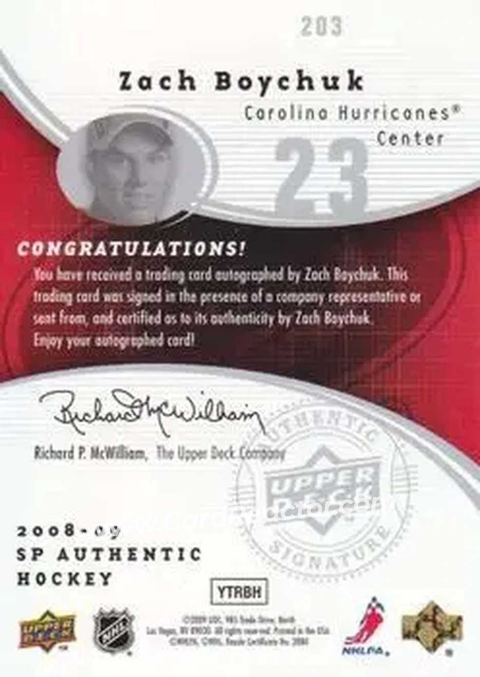 2008-09 SP Authentic #203 - Zach Boychuk - Carolina Hurricanes - Back