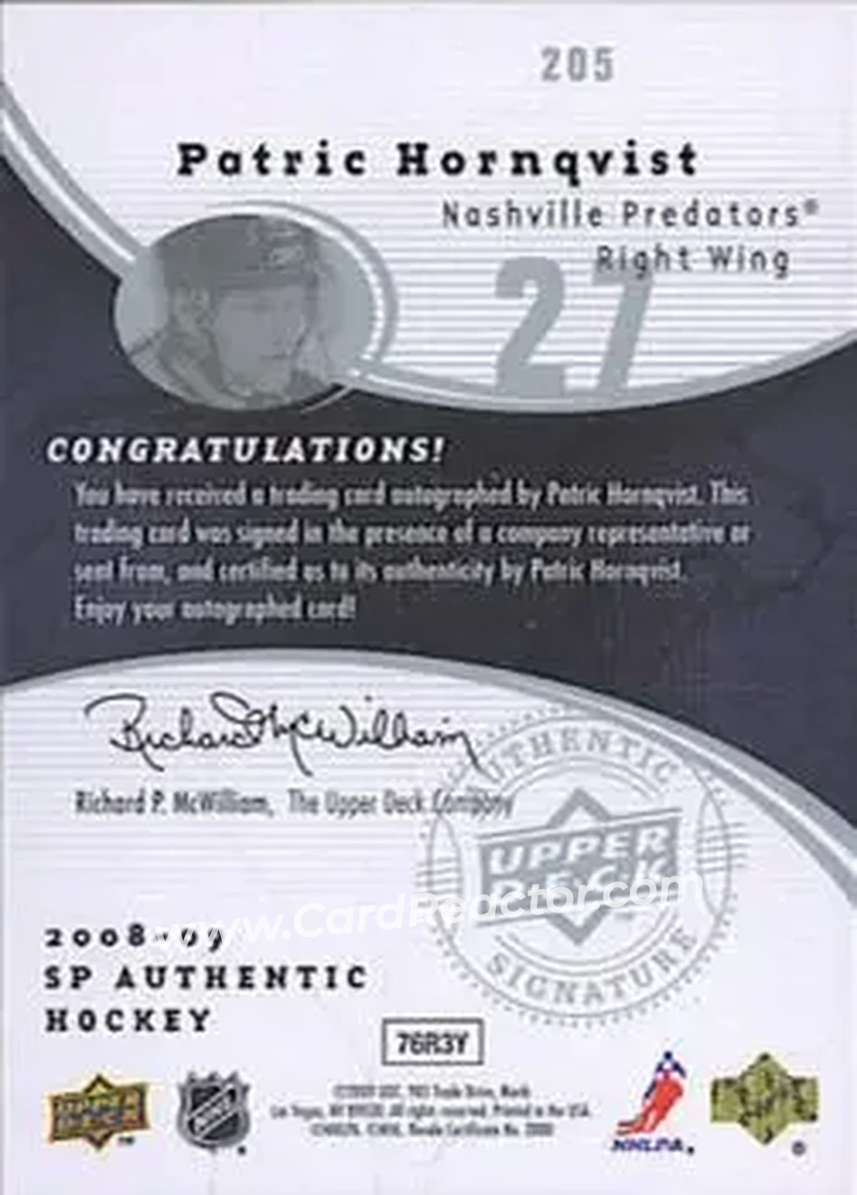 2008-09 SP Authentic #205 - Patric Hornqvist - Nashville Predators - Back