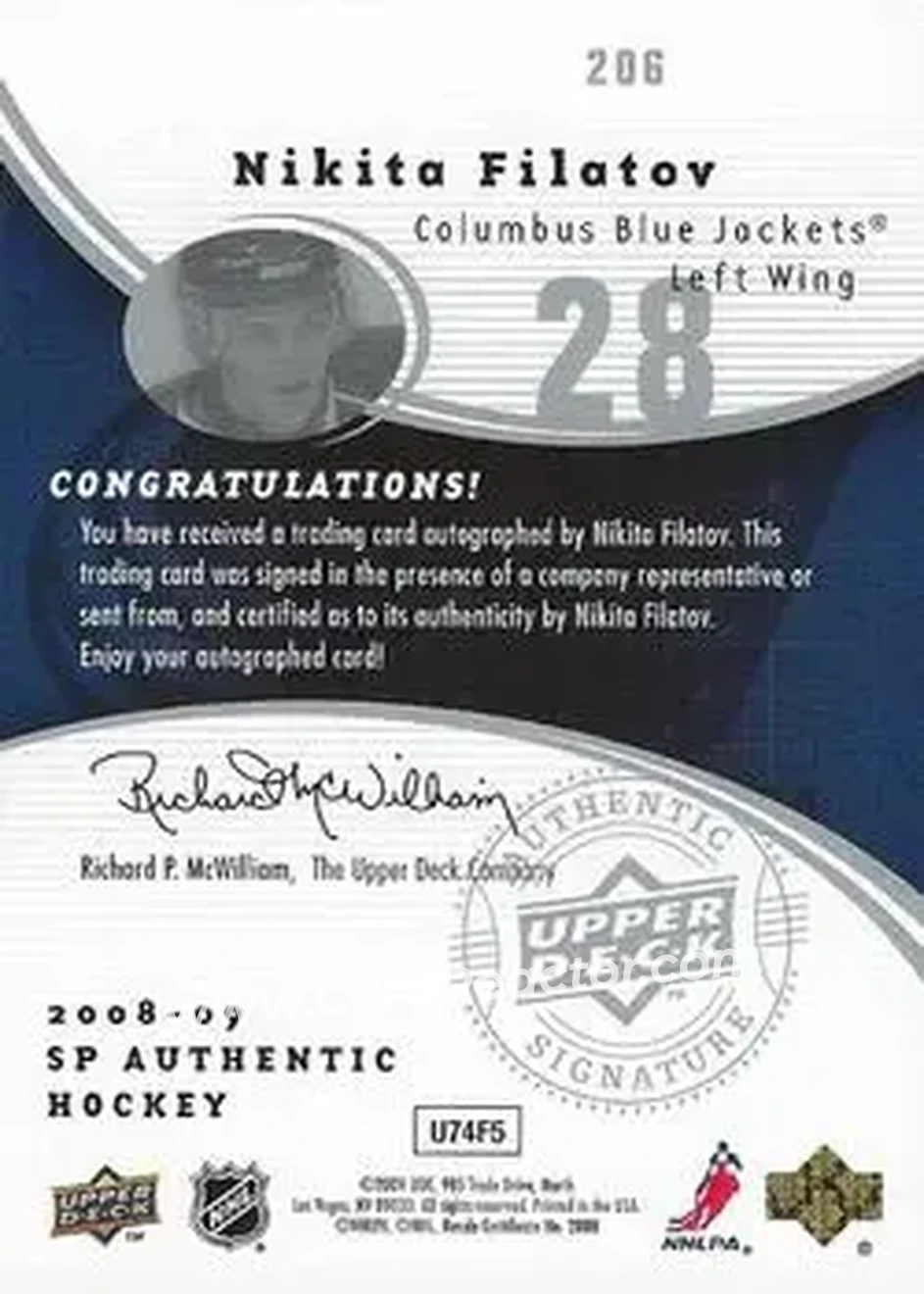 2008-09 SP Authentic #206 - Nikita Filatov - Columbus Blue Jackets - Back 2008-09 SP Authentic #206 - Nikita Filatov - Columbus Blue Jackets - Back