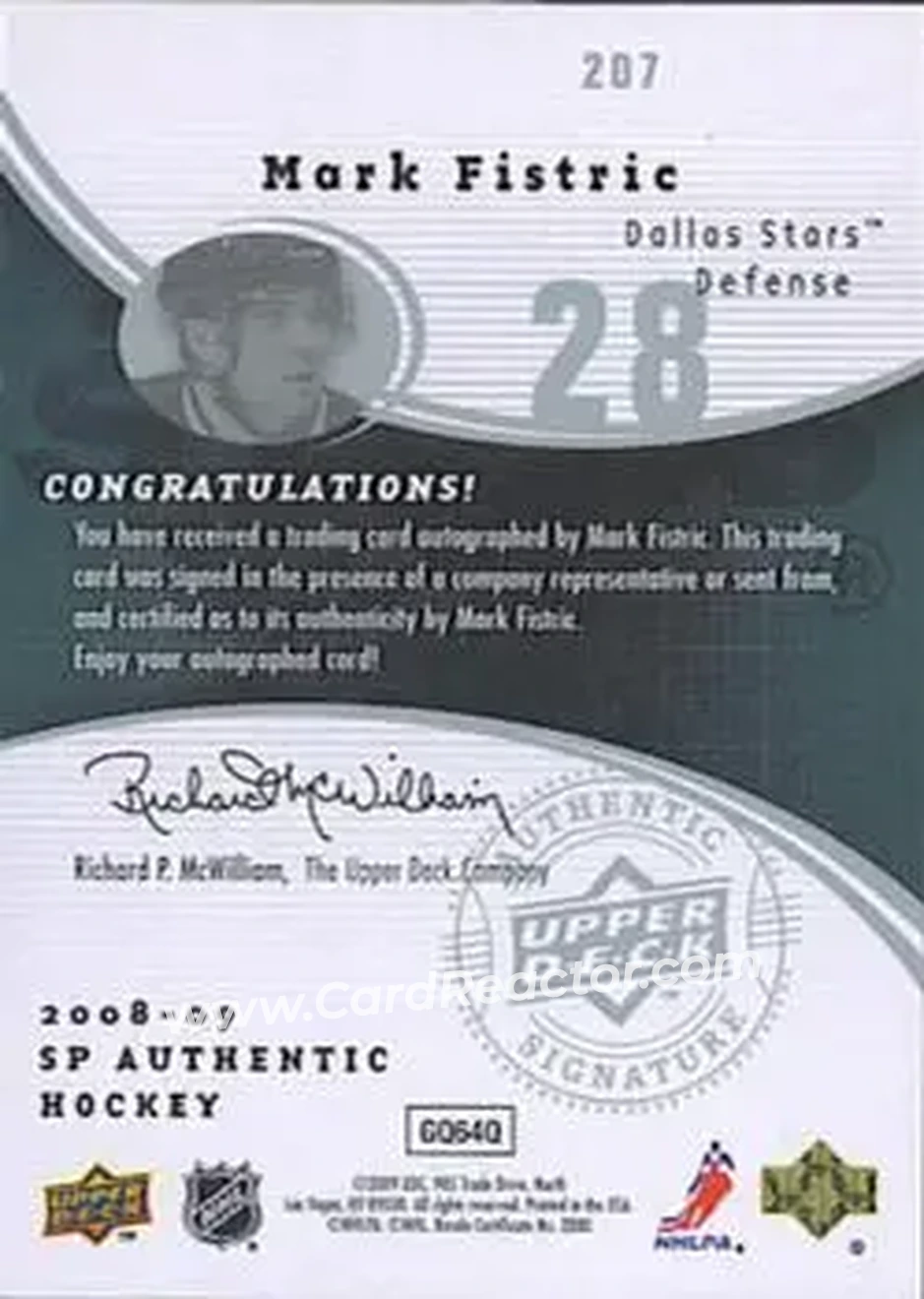 2008-09 SP Authentic #207 - Mark Fistric - Dallas Stars - Back